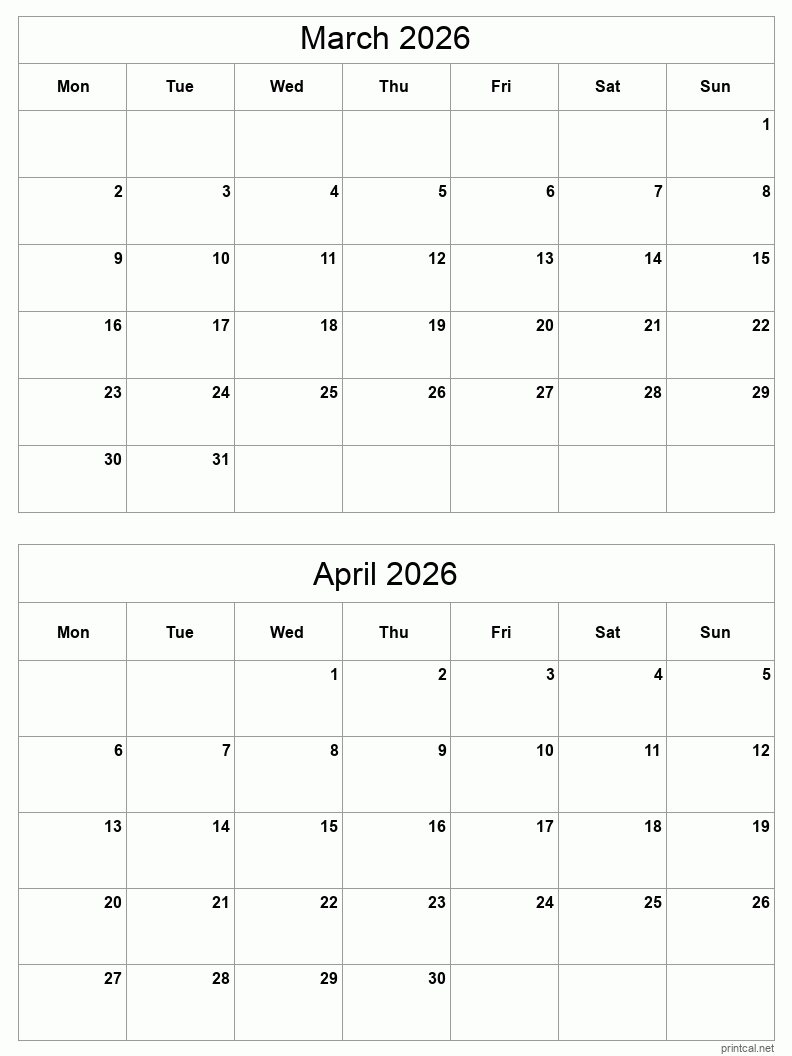2 month calendar March to April 2026