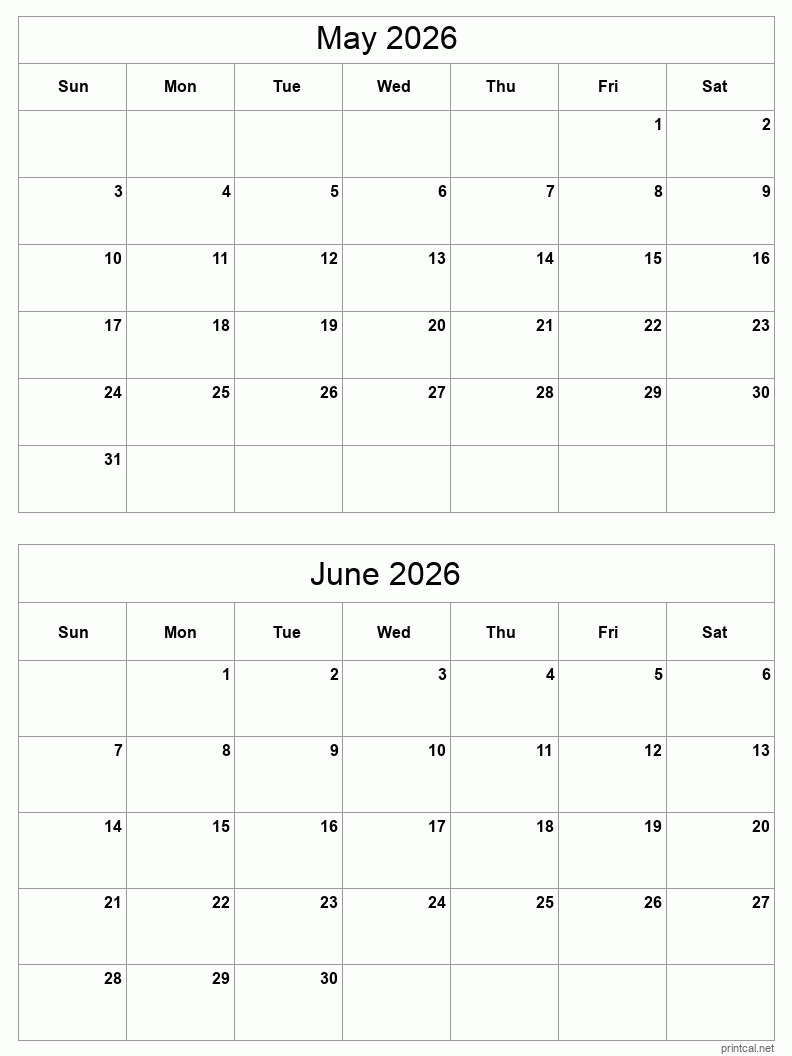 2 month calendar May to June 2026