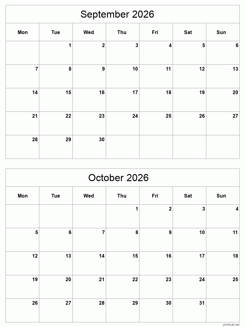 2 month calendar September to October 2026