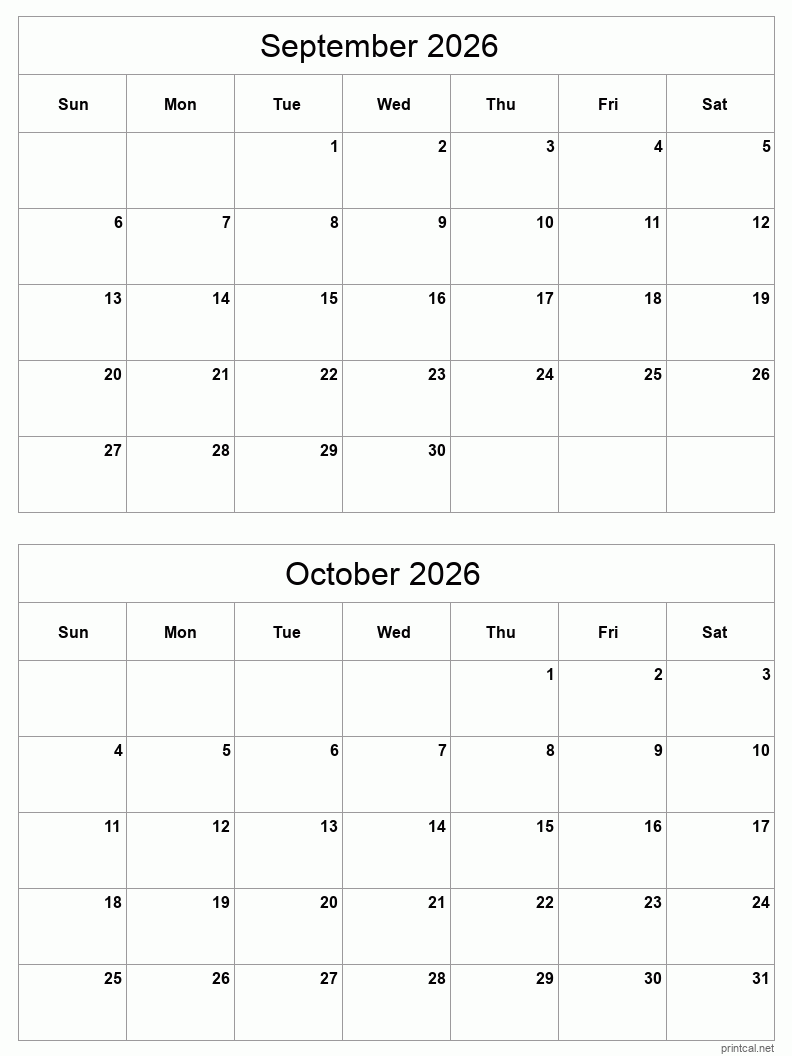 2 month calendar September to October 2026