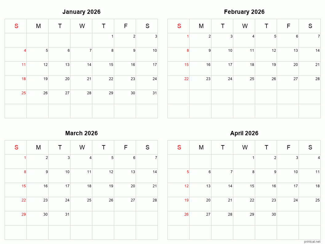 4 month calendar January to April 2026