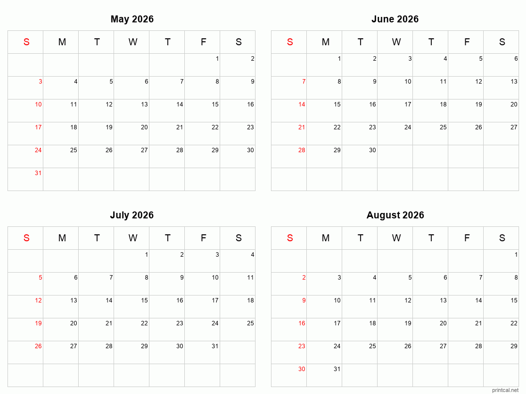 4 month calendar May to August 2026