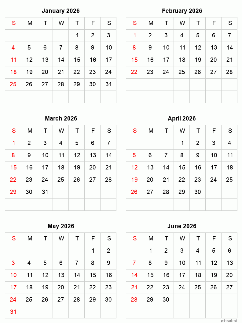 6 month calendar January to June 2026