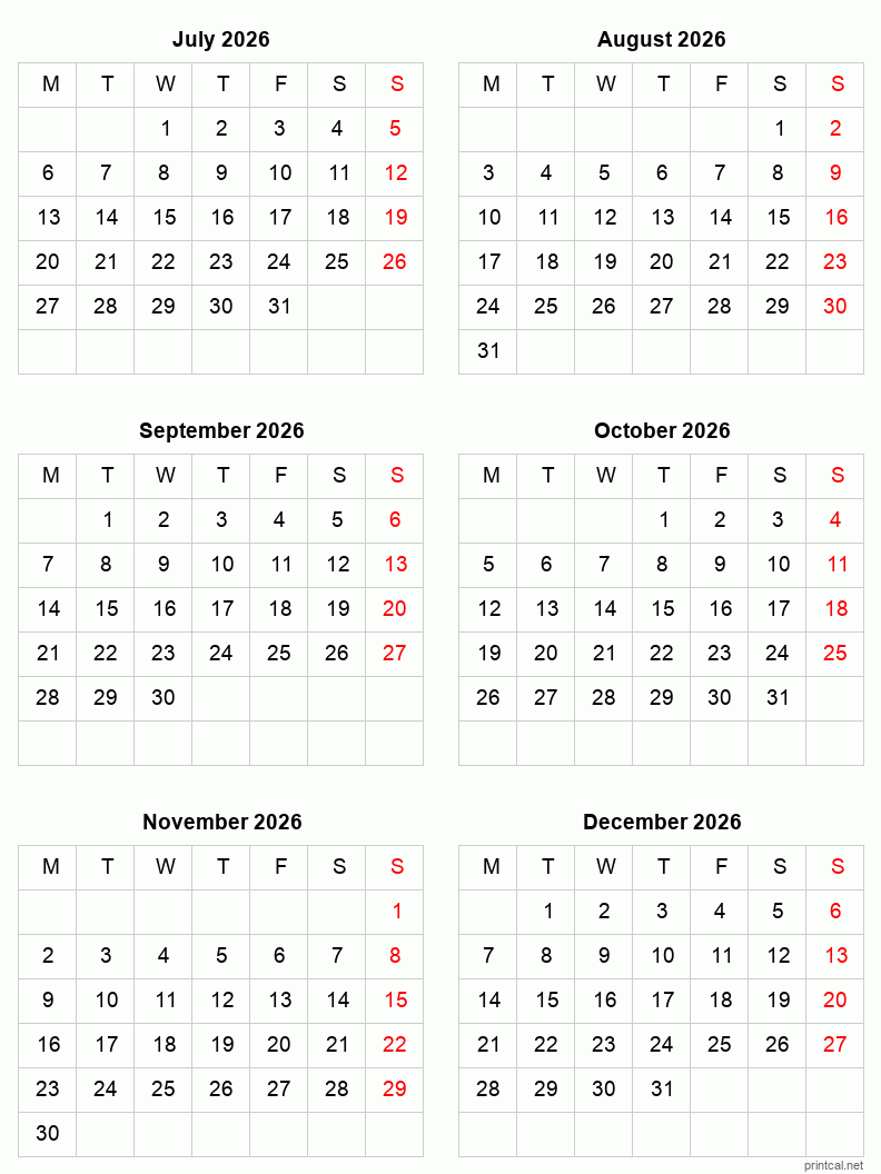 6 month calendar July to December 2026