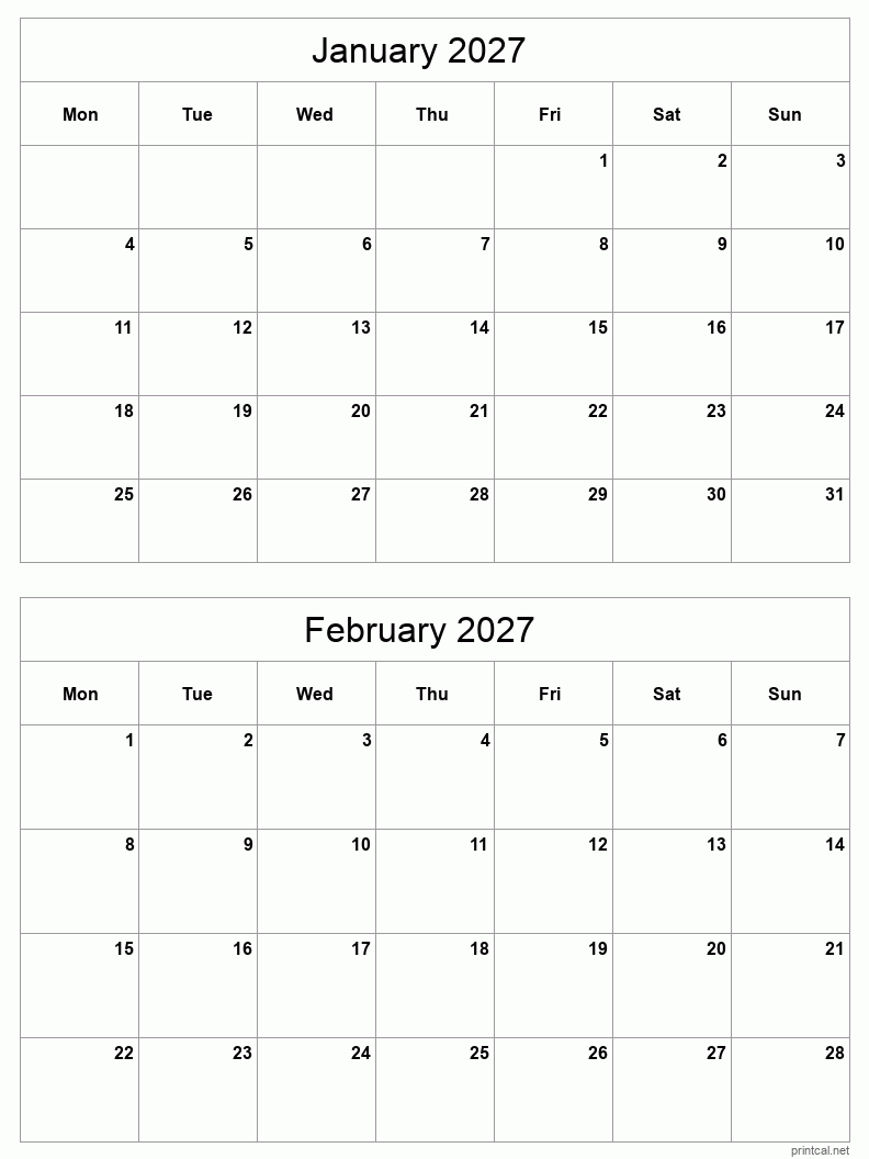 2 month calendar January to February 2027