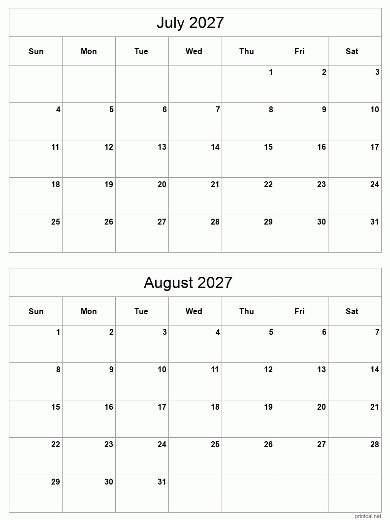 2 month calendar July to August 2027