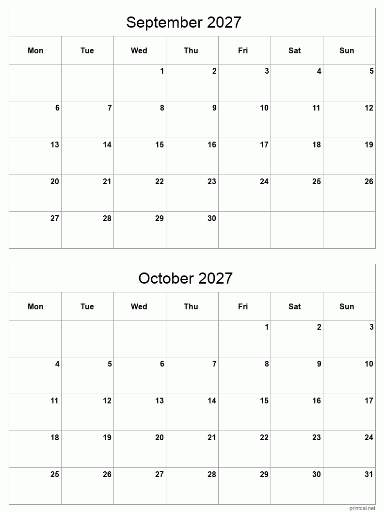 2 month calendar September to October 2027