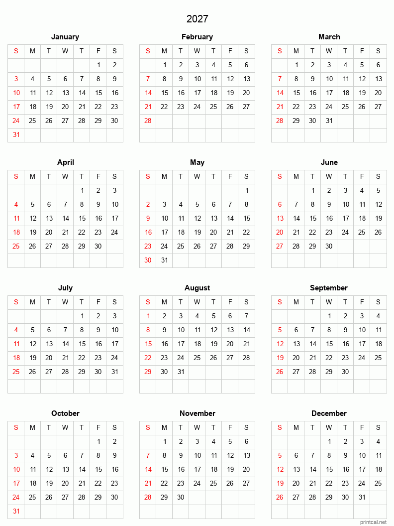 2027 Printable Calendar - Full-Year Calendar (Grid style)