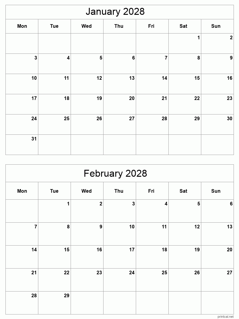 2 month calendar January to February 2028