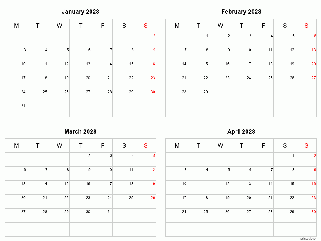 4 month calendar January to April 2028