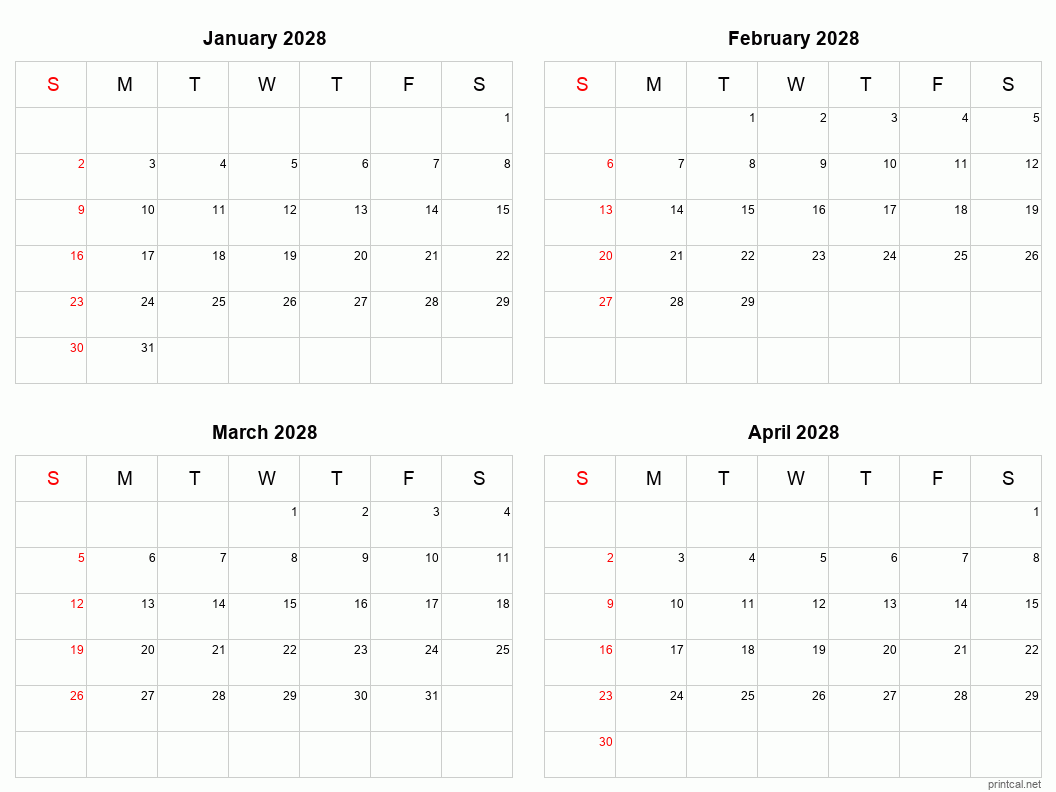 4 month calendar January to April 2028