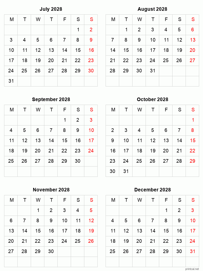 6 month calendar July to December 2028