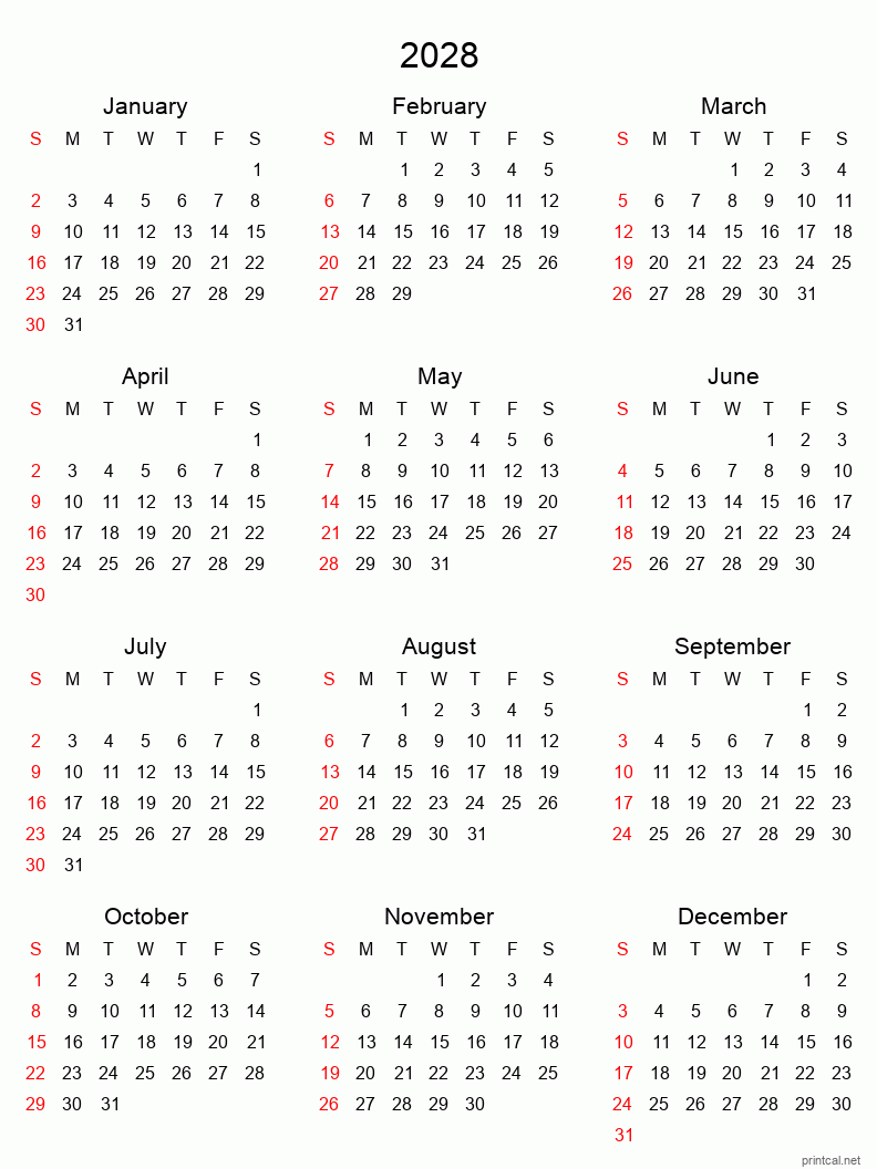 2028 Printable Calendar Yearly Calendar Tabular Style