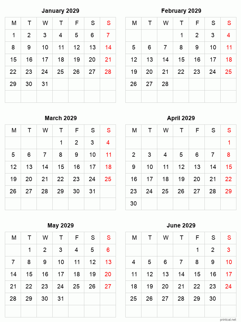 6 month calendar January to June 2029