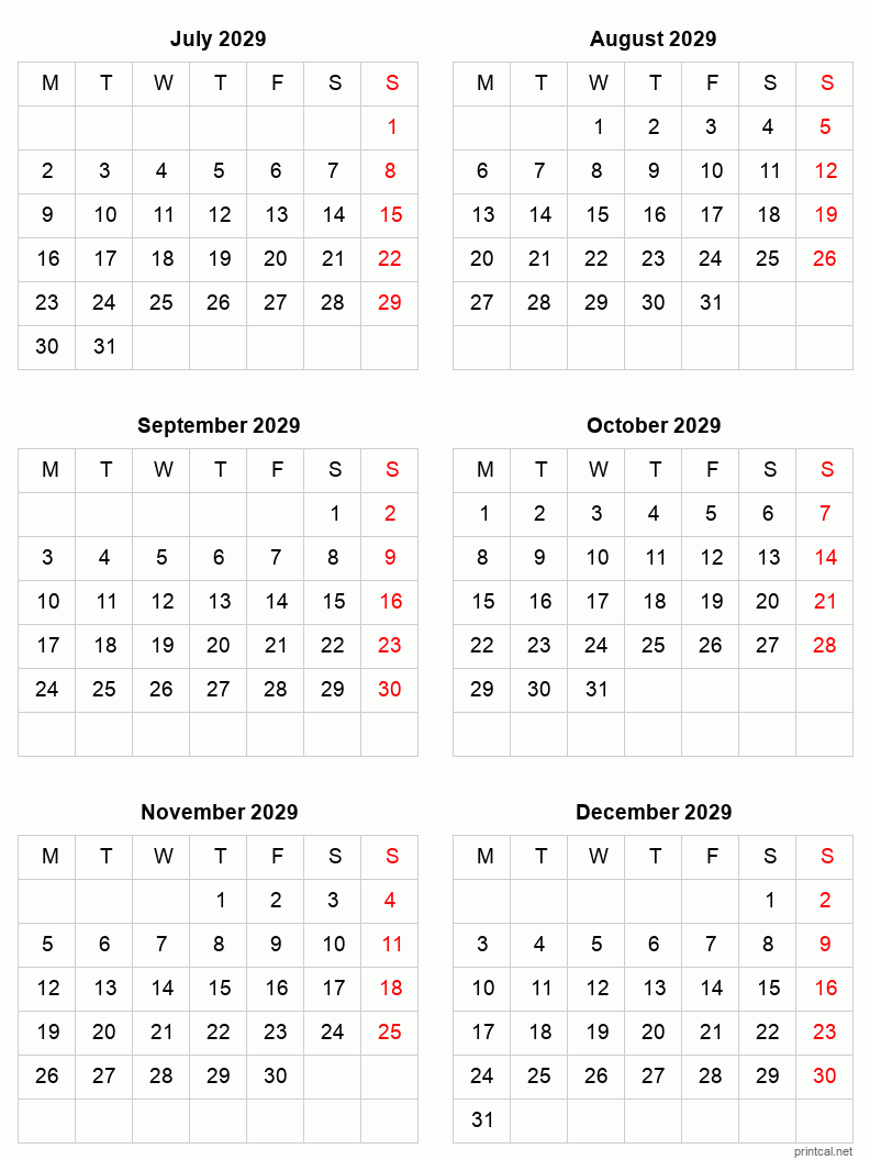 6 month calendar July to December 2029