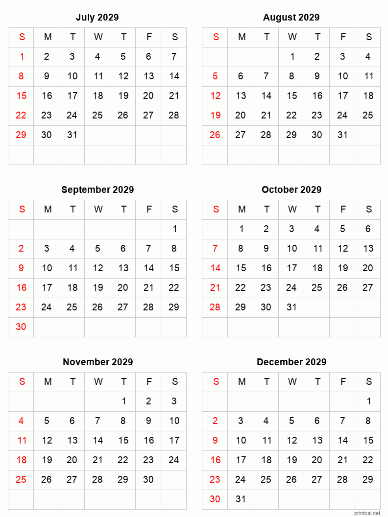 6 month calendar July to December 2029