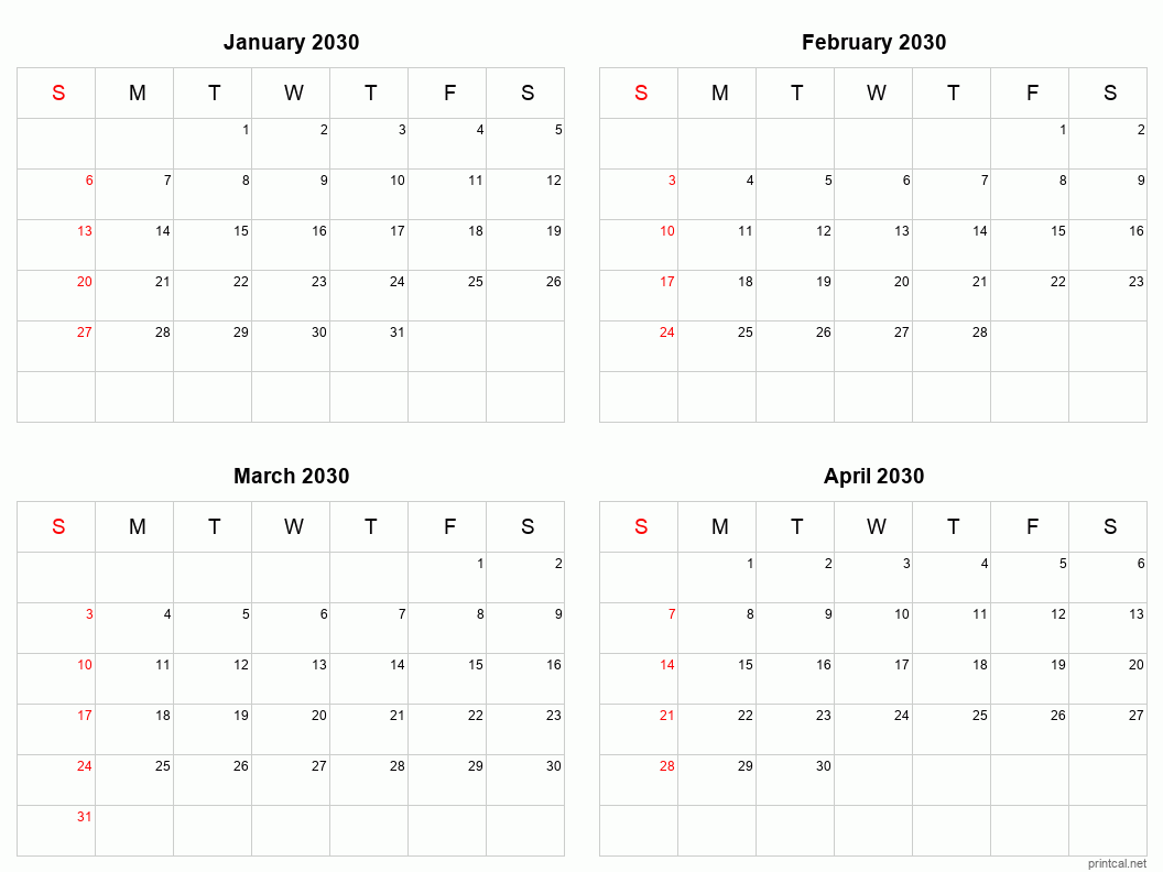 4 month calendar January to April 2030