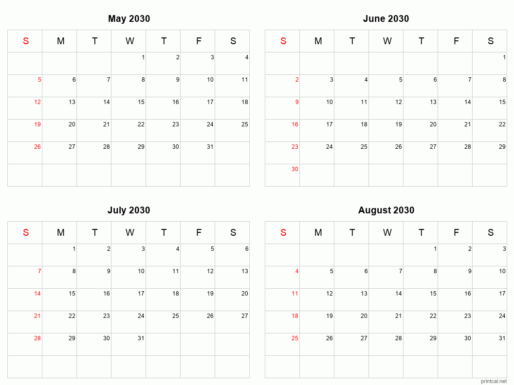 4 month calendar May to August 2030