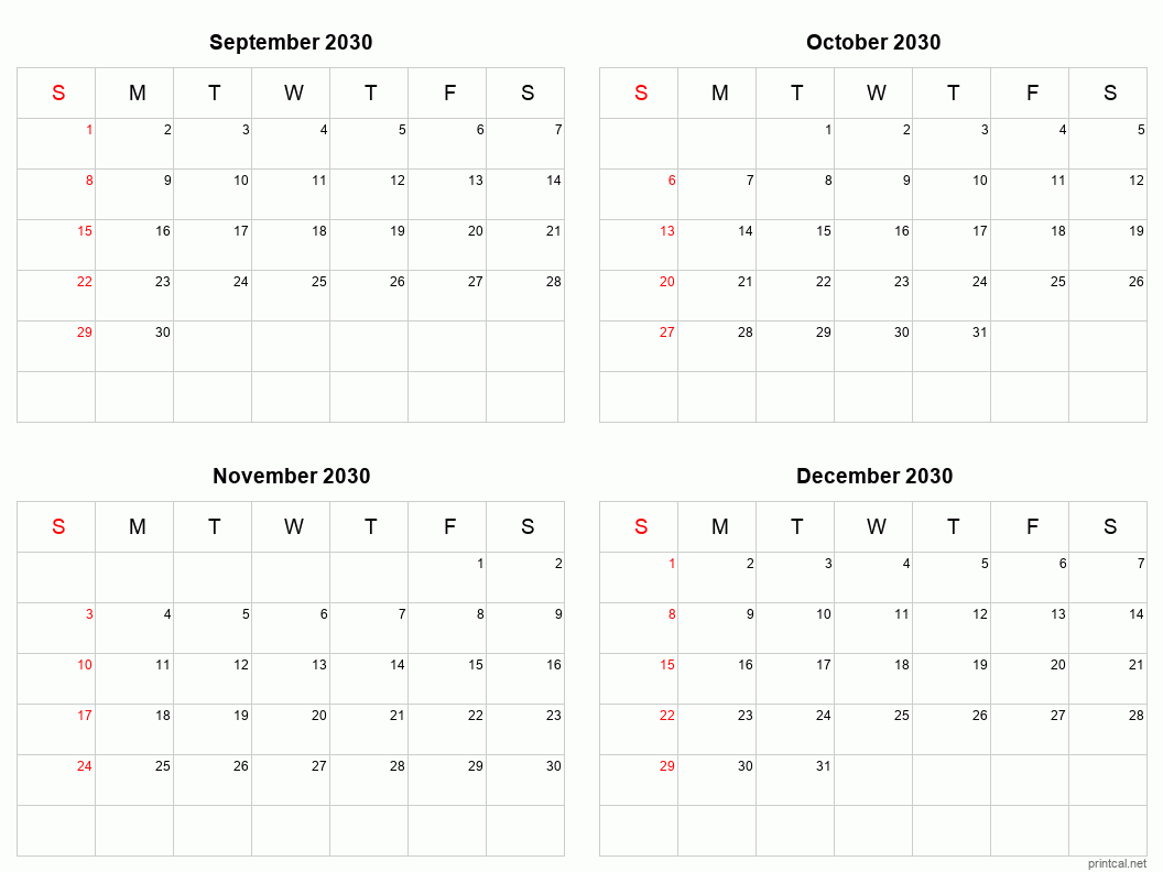 4 month calendar September to December 2030