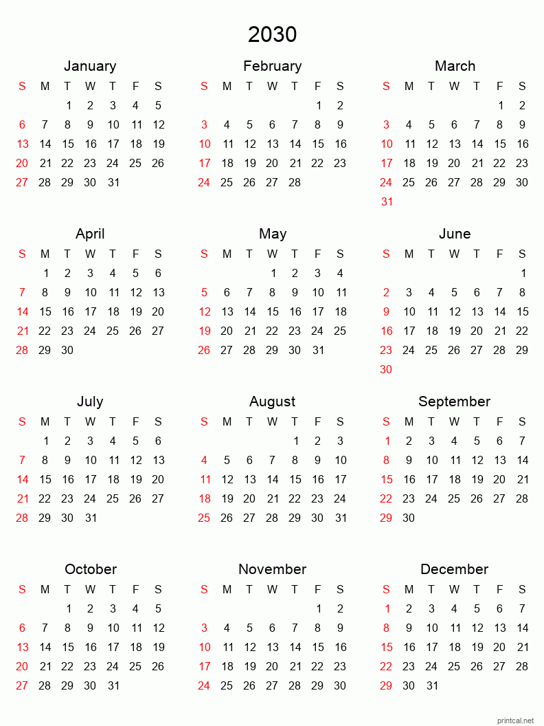 2030 Printable Calendar Yearly Calendar Tabular Style 