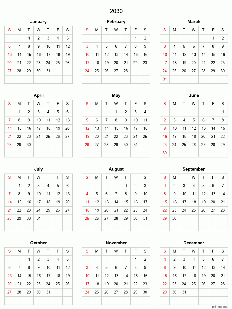 2030 Printable Calendar - Full-Year Calendar (Grid style)