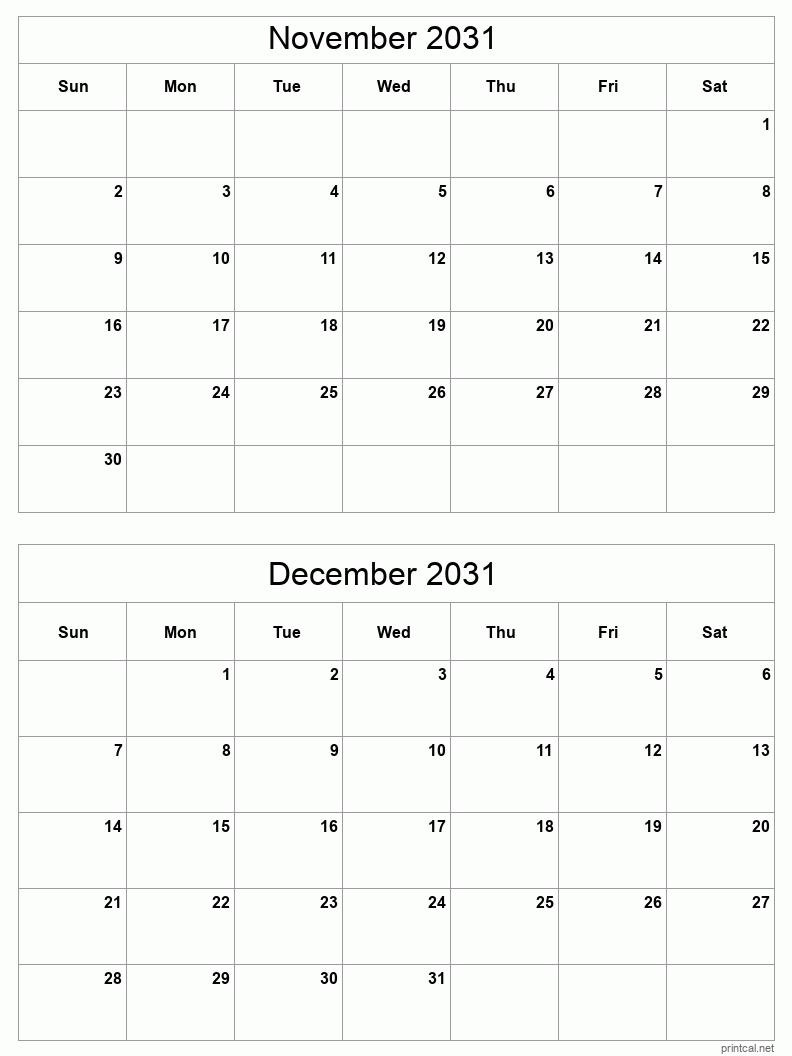 2 month calendar November to December 2031