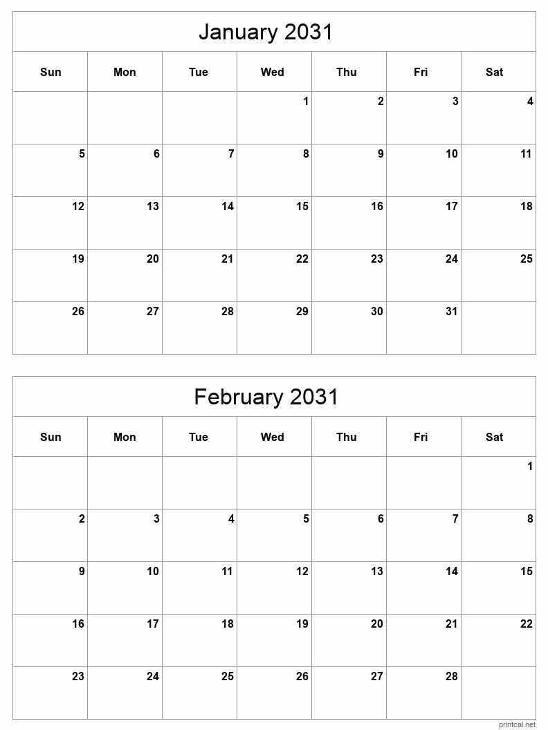 2 month calendar January to February 2031