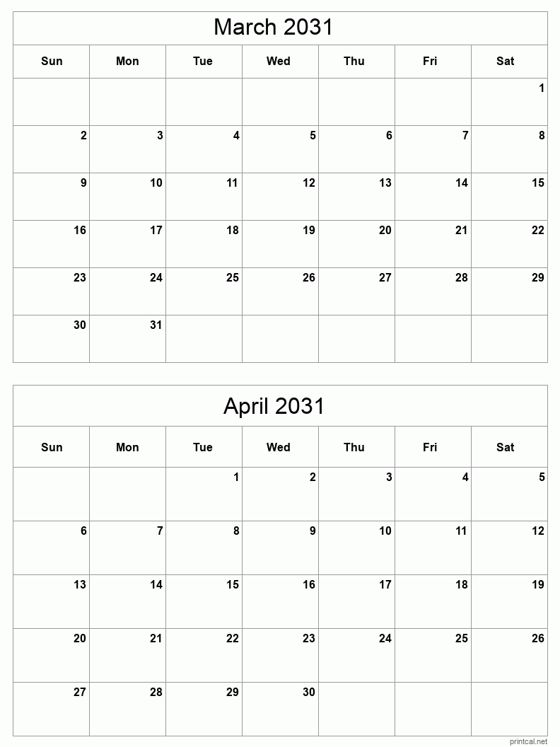 2 month calendar March to April 2031