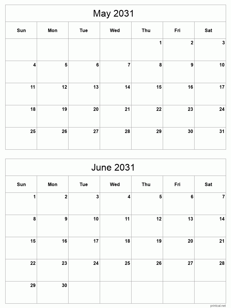 2 month calendar May to June 2031