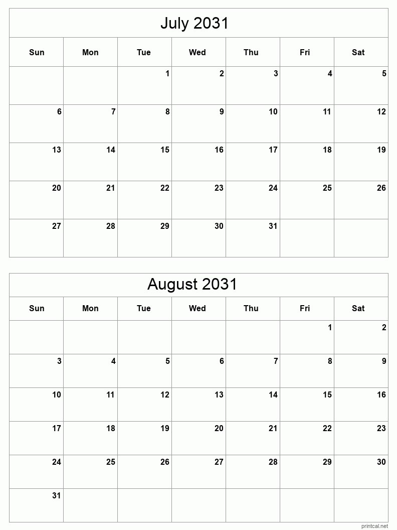 2 month calendar July to August 2031