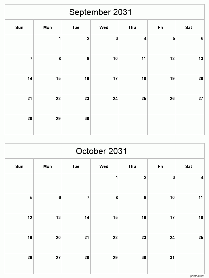 2 month calendar September to October 2031
