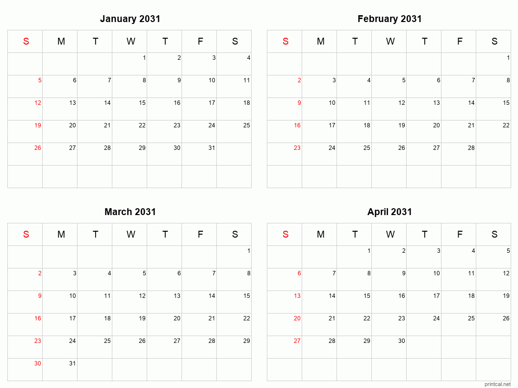 4 month calendar January to April 2031