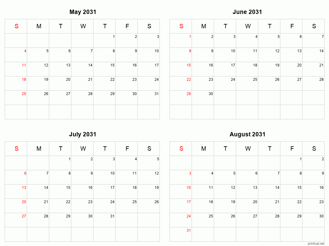4 month calendar May to August 2031