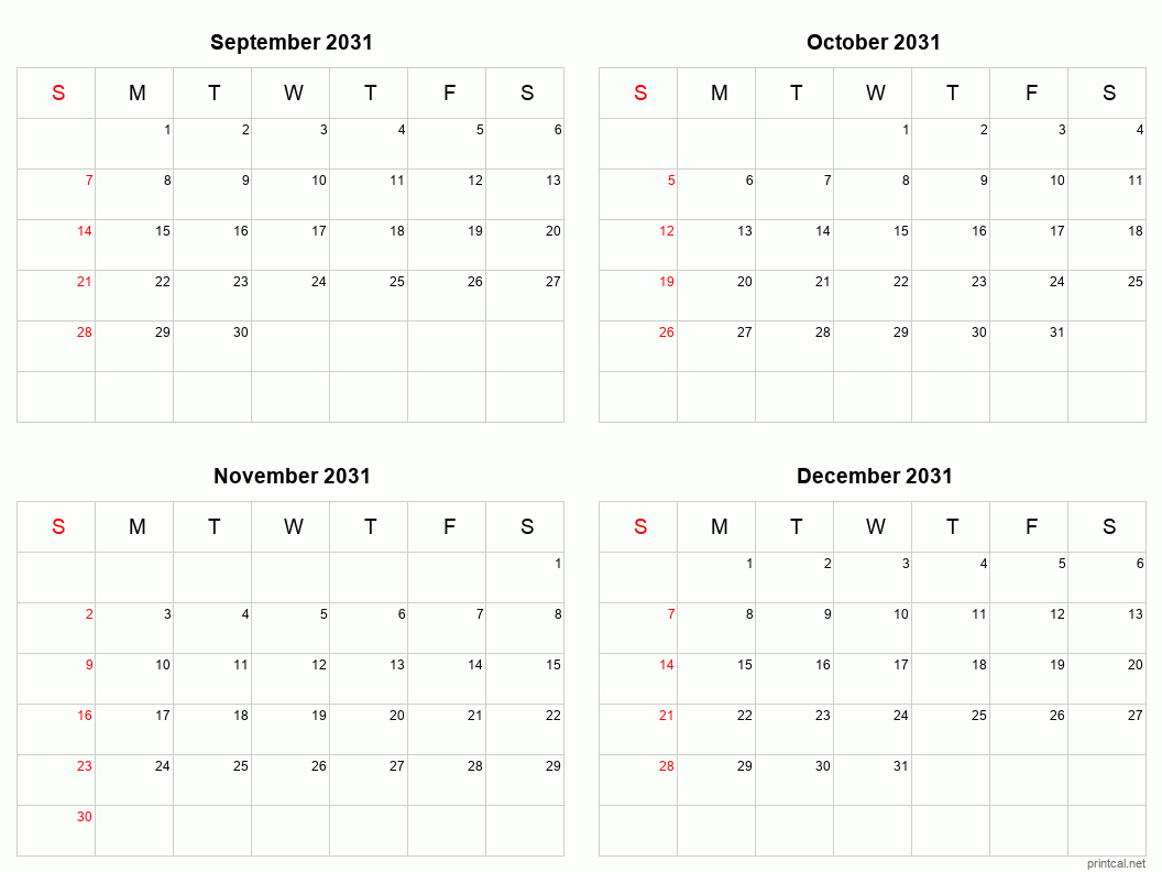 4 month calendar September to December 2031
