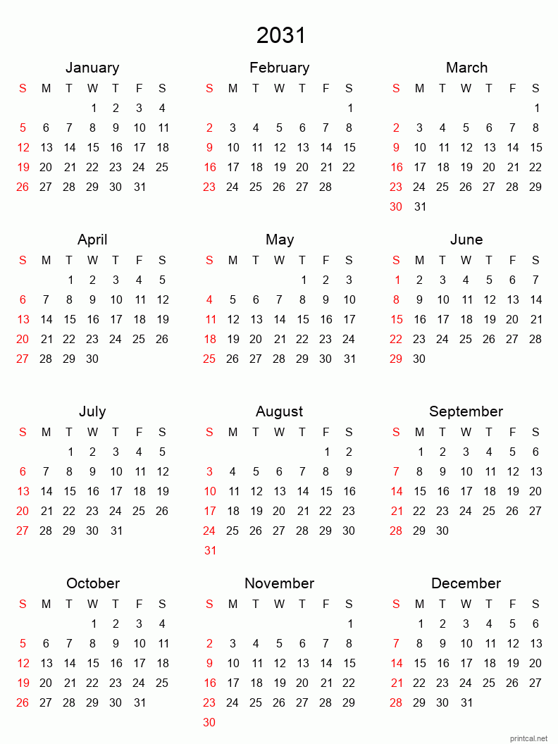 Printable 2031 Yearly Calendar