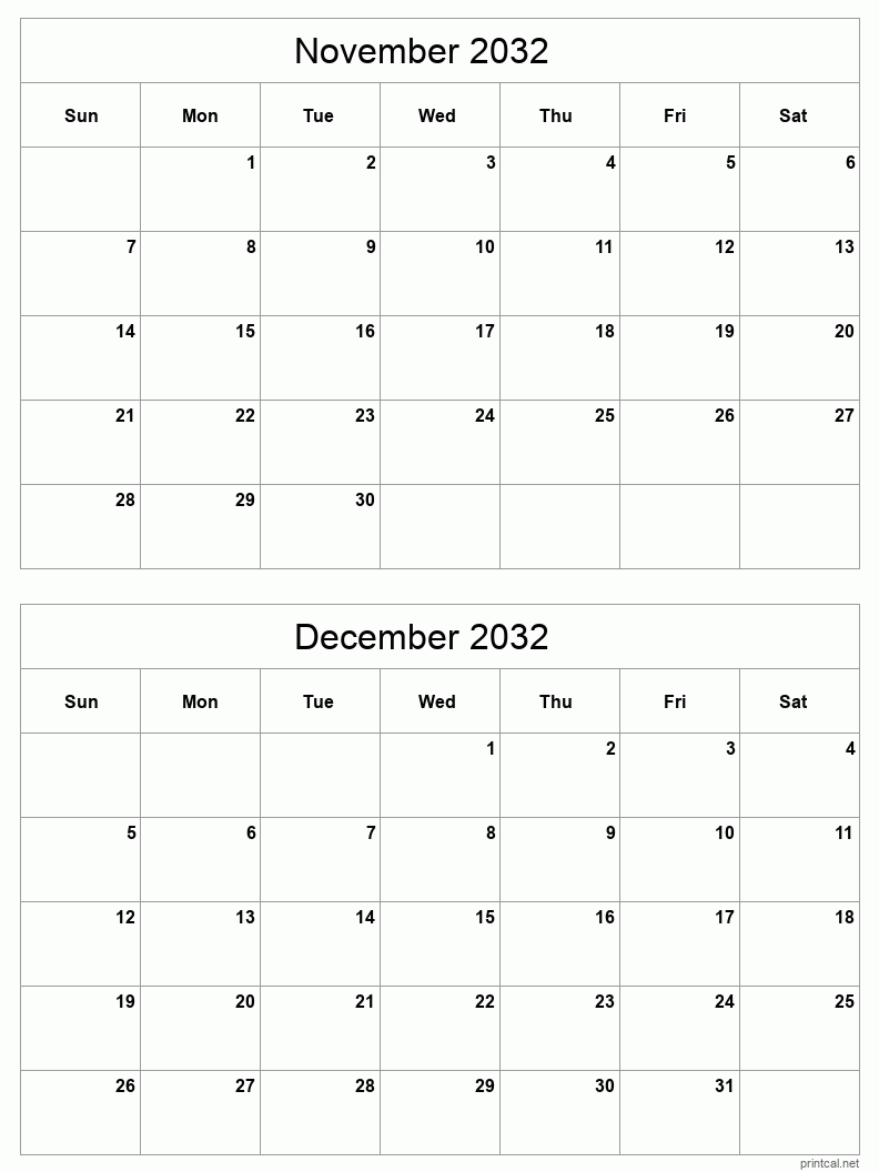 2 month calendar November to December 2032