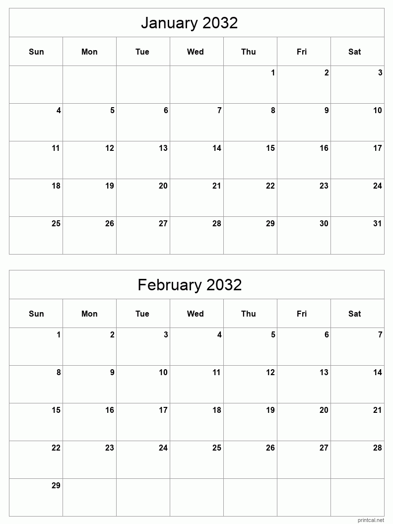 2 month calendar January to February 2032