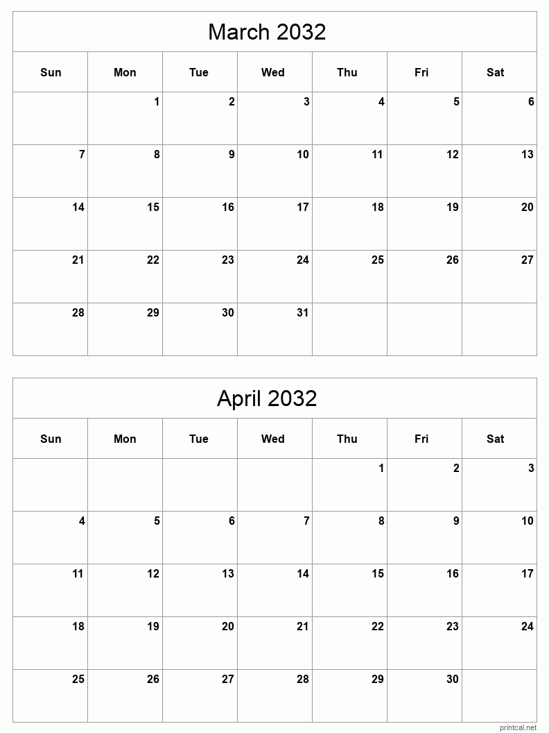 2 month calendar March to April 2032