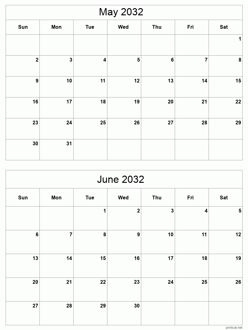 2 month calendar May to June 2032