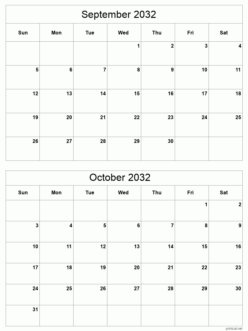 2 month calendar September to October 2032