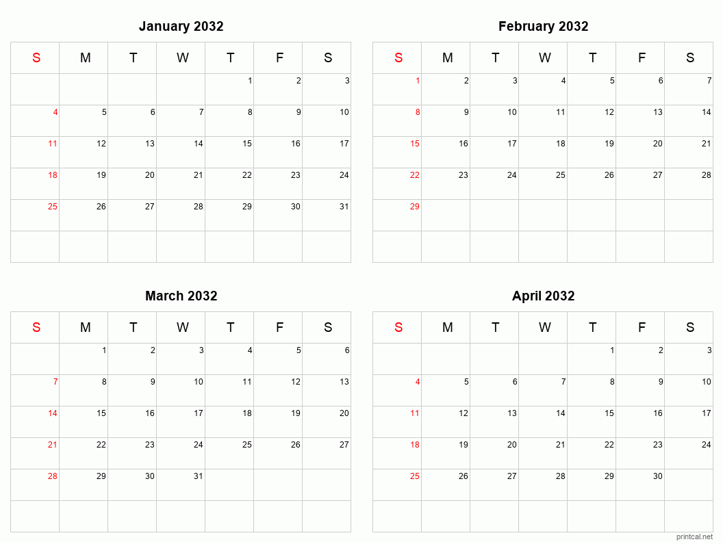 4 month calendar January to April 2032