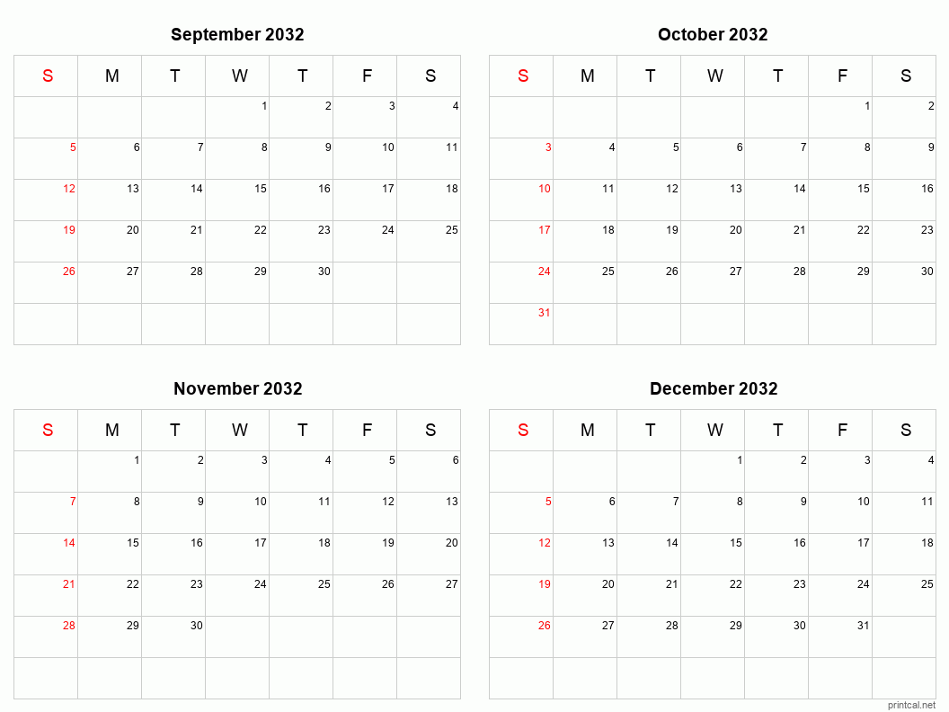 4 month calendar September to December 2032