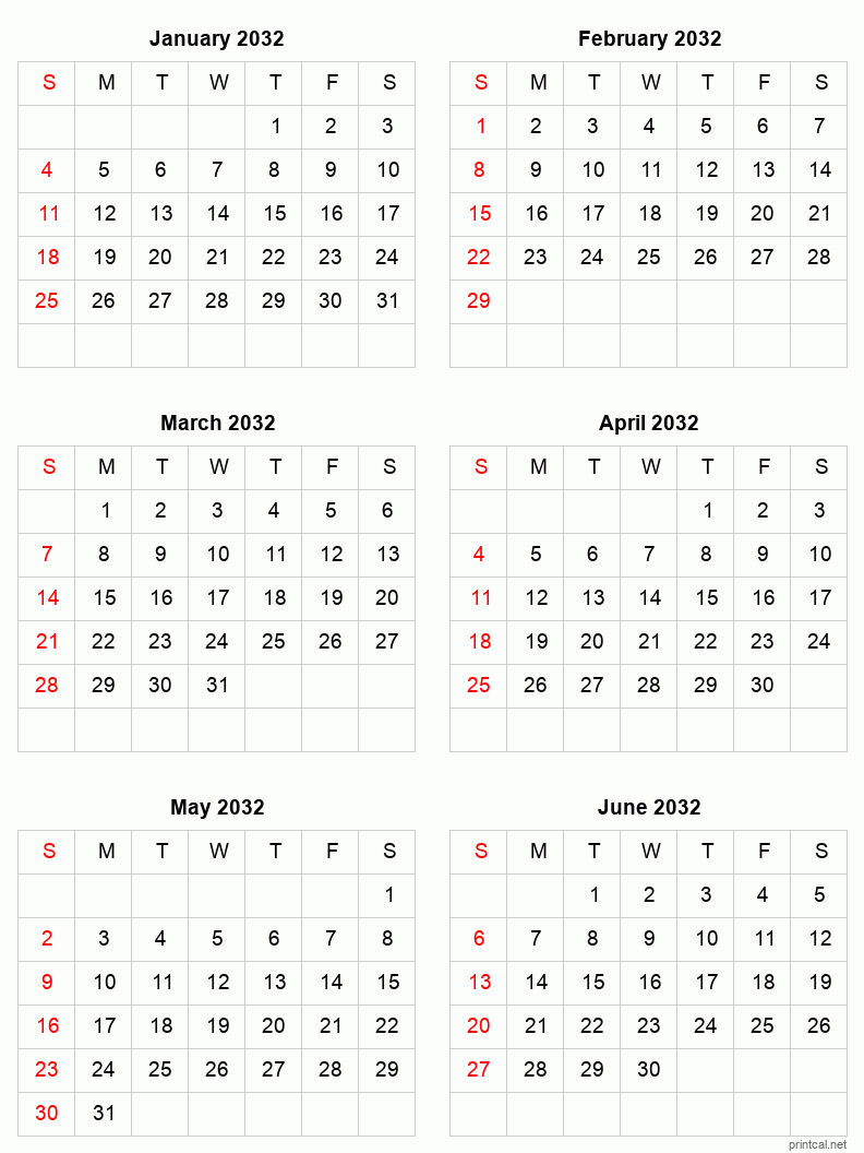 6 month calendar January to June 2032