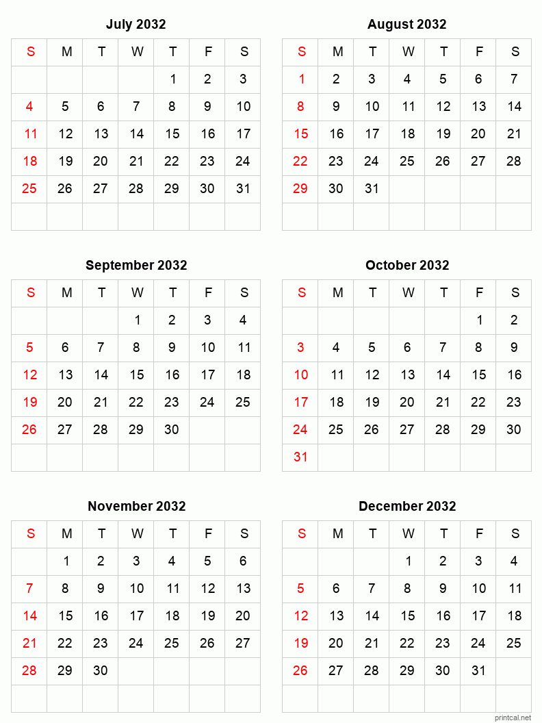 6 month calendar July to December 2032