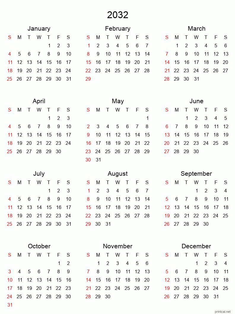 Printable 2032 Yearly Calendar