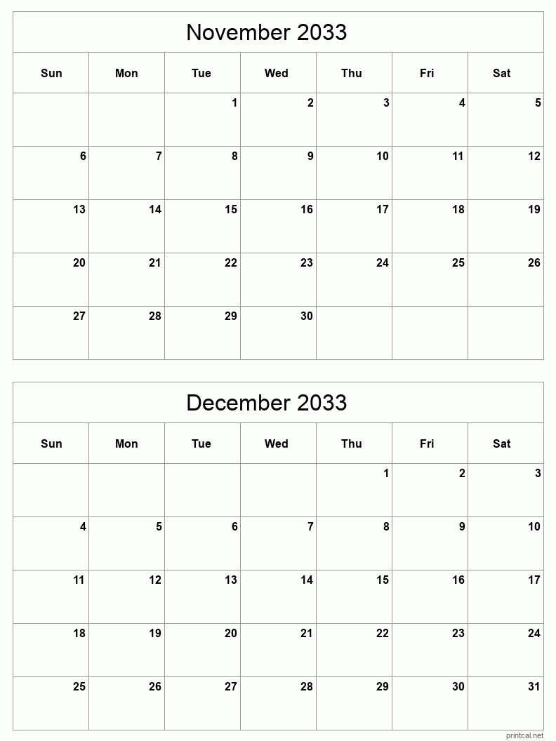 2 month calendar November to December 2033
