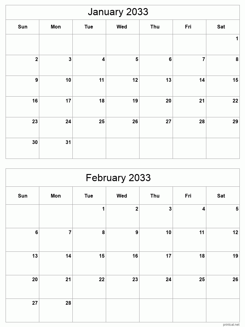 2 month calendar January to February 2033