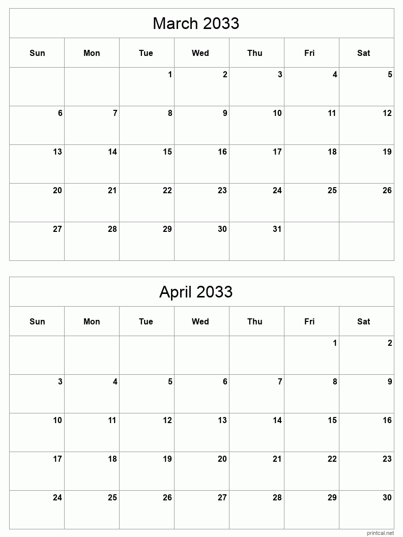 2 month calendar March to April 2033