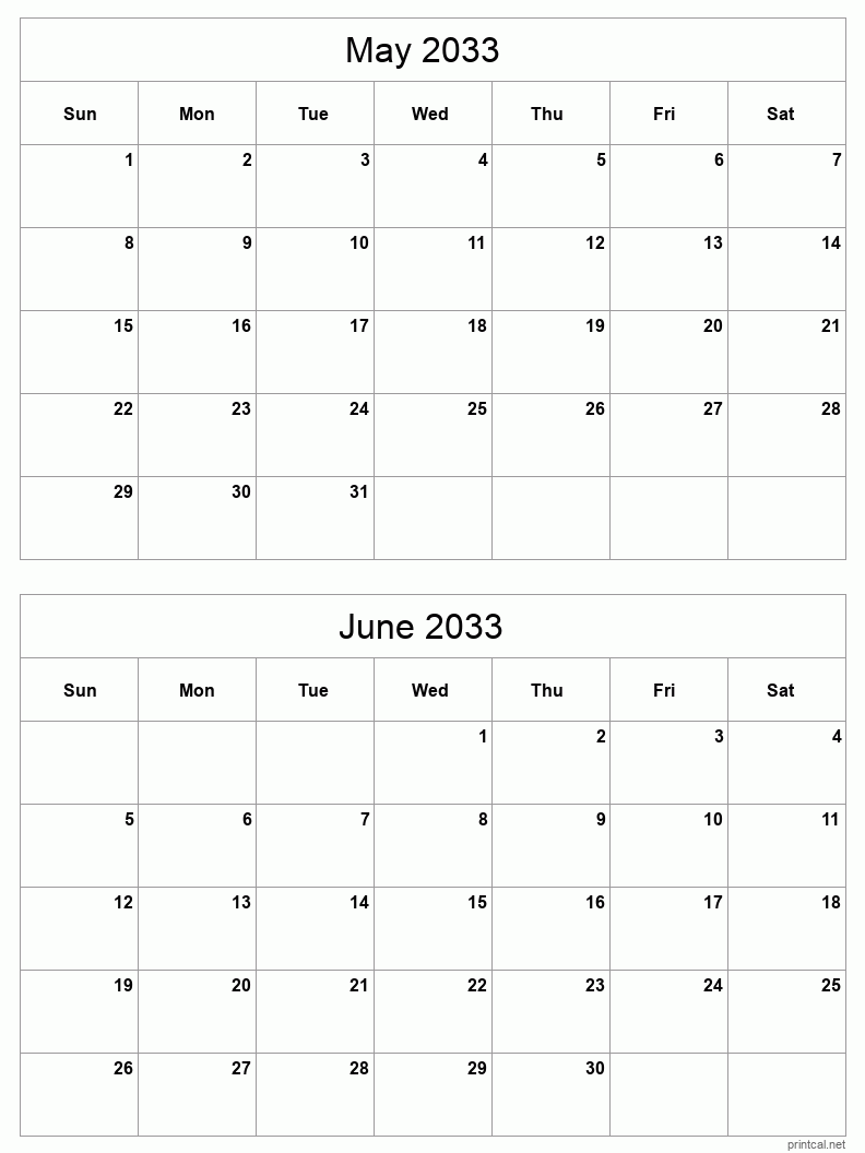 2 month calendar May to June 2033