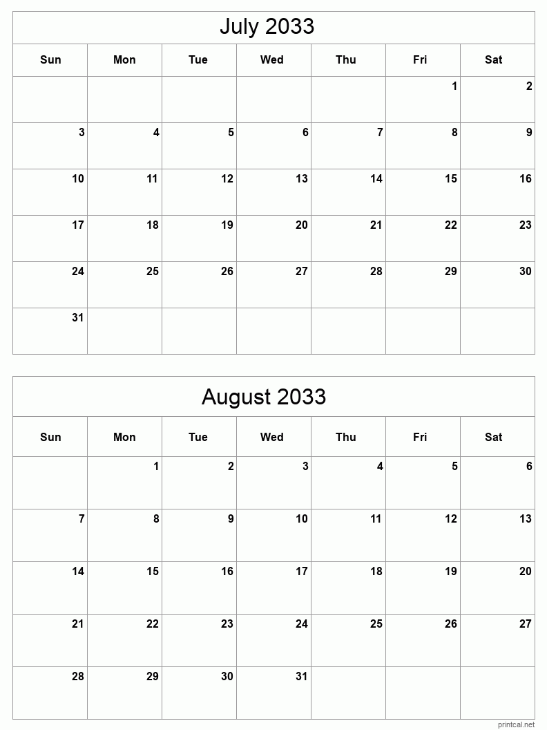 2 month calendar July to August 2033
